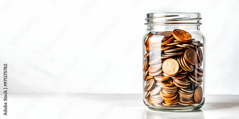 Isolated Coin Jar with Savings Label - Vector Illustration of Transparent Jar Filled with Coins on White Background for Modern Money Saving Concept Isolated Coin Jar with Savings Label - Vector Illustration of Transparent Jar Filled with Coins on White Background for Modern Money Saving Concept