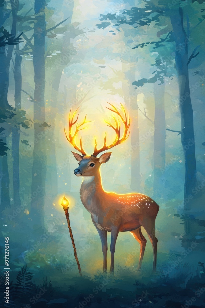 Fototapeta premium Deer with a wizard staff, glowing antlers, magical forest scene, Watercolor style