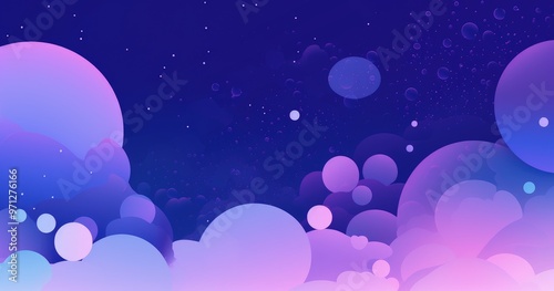 A vibrant digital illustration of abstract clouds and spheres in shades of purple and pink against a deep blue background.