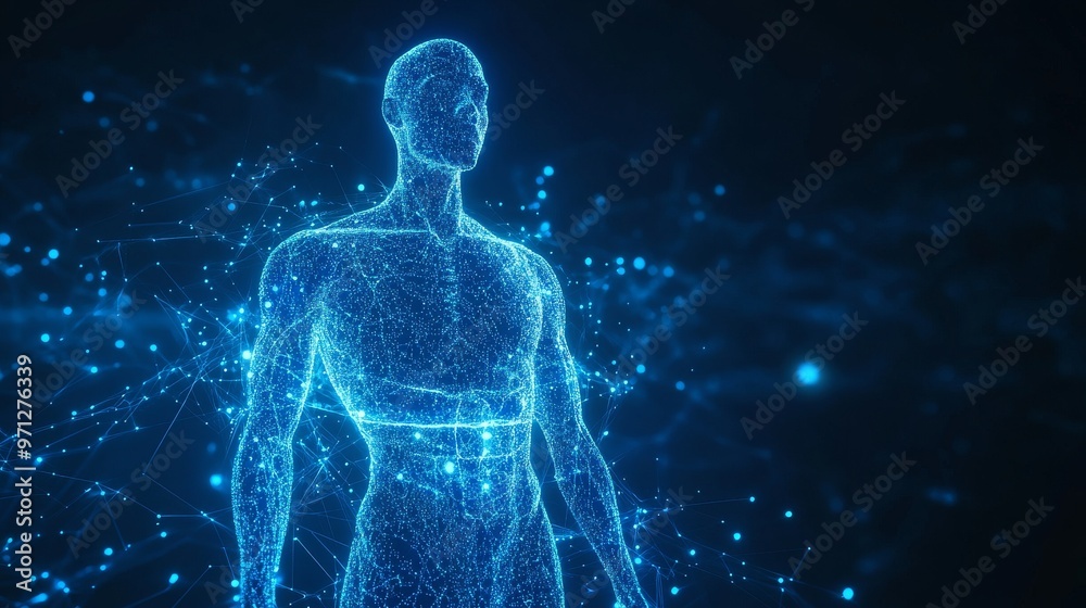 Digital Representation of a Human Figure Surrounded by Glowing Data Particles in a Dark Environment Digital Representation of a Human Figure Surrounded by Glowing Data Particles in a Dark Environment