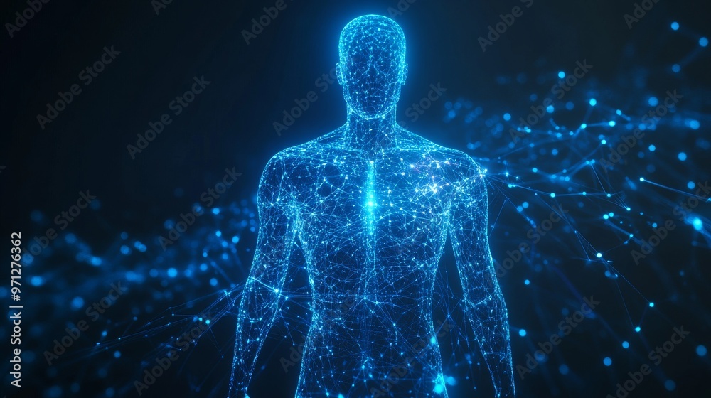 Digital Representation of a Human Figure Surrounded by Glowing Data Particles in a Dark Environment Digital Representation of a Human Figure Surrounded by Glowing Data Particles in a Dark Environment