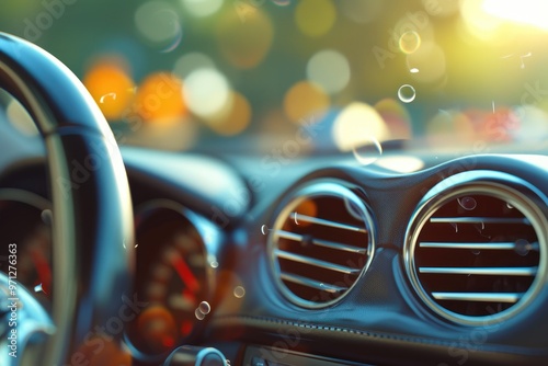 Sunlight Illuminates Car AC Vents and Dashboard