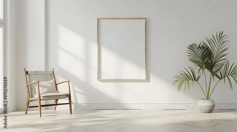 Blank picture frame mockup on white wall. White living room design. View of modern scandinavian style interior with chair. Home staging and minimalism concept 3D render. Generative Ai. Blank picture frame mockup on white wall. White living room design. View of modern scandinavian style interior with chair. Home staging and minimalism concept 3D render. Generative Ai.