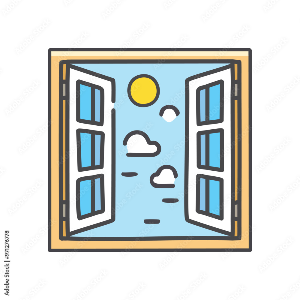 Open window view. Open window frame with a sunny sky and fluffy clouds outside. The view represents freedom, hope, and a new beginning. Open window view. Open window frame with a sunny sky and fluffy clouds outside. The view represents freedom, hope, and a new beginning.