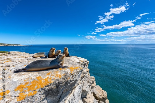 A colony of seals sunbathing on a rocky Tasmanian shoreline, with the blue ocean stretching out beyond them photo