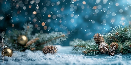 Snow-covered pine branches and golden baubles with blurred bokeh lights in a festive, wintry atmosphere.