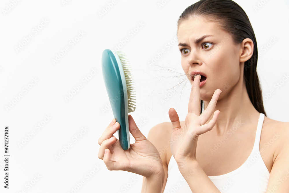 Shocked woman looking at hairbrush with hair in front of a plain white background, expressing surprise and concern about her hair loss or tangled hair Shocked woman looking at hairbrush with hair in front of a plain white background, expressing surprise and concern about her hair loss or tangled hair