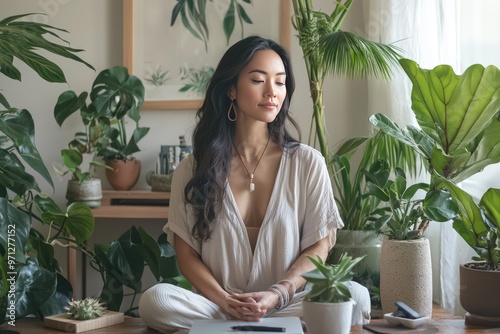  Home Office Nook A serene, focused woman surrounded by minimalistic decor and lush plants, exemplifying productivity and tranquility in her bespoke home office.