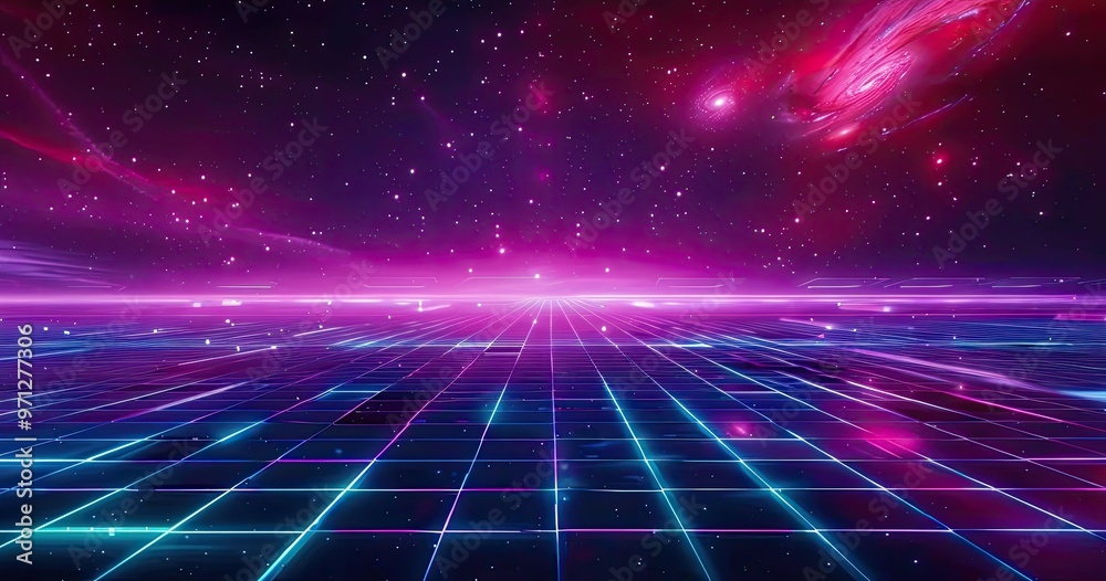A vibrant digital landscape featuring a grid and cosmic elements, evoking a retro-futuristic aesthetic.