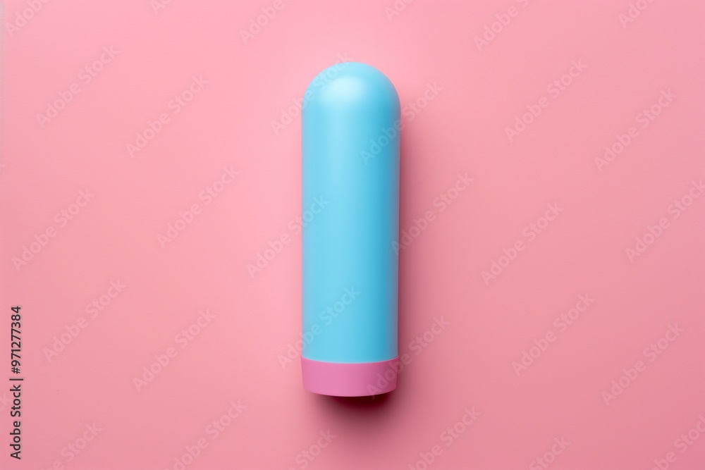 A light matte blue vertical stick with a pink base stands out against a soft pink background, showcasing its unique design A light matte blue vertical stick with a pink base stands out against a soft pink background, showcasing its unique design