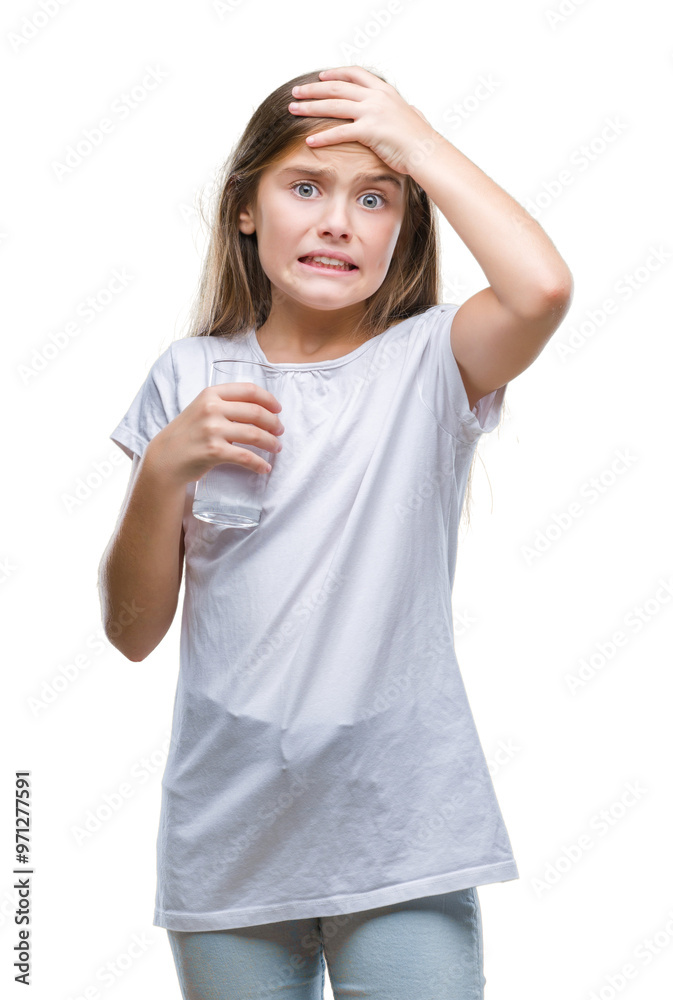 Young beautiful girl drinking glass of water over isolated background stressed with hand on head, shocked with shame and surprise face, angry and frustrated. Fear and upset for mistake. Young beautiful girl drinking glass of water over isolated background stressed with hand on head, shocked with shame and surprise face, angry and frustrated. Fear and upset for mistake.