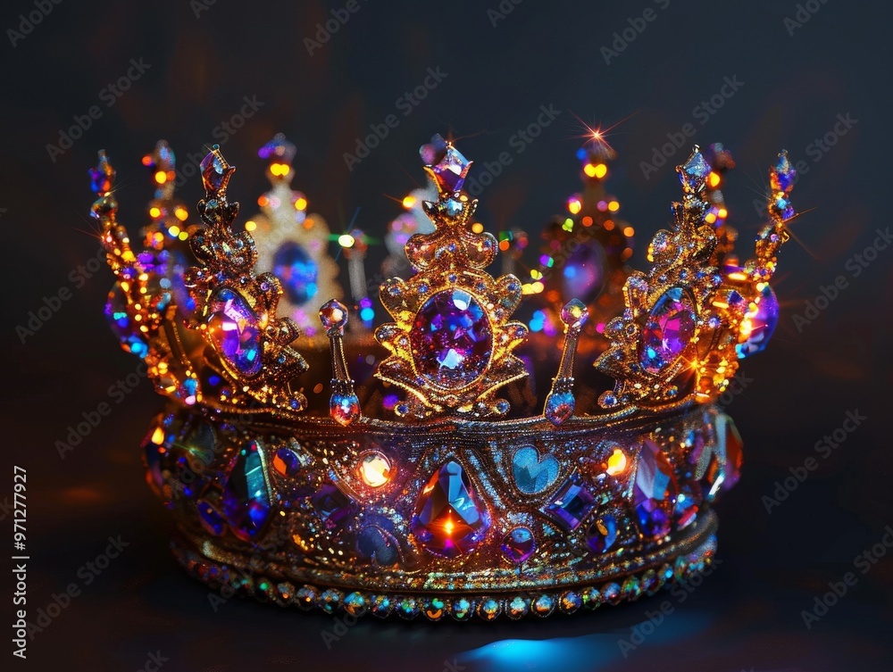 A sparkling jeweled crown with a gold base, lit from within, rests on a dark background. A sparkling jeweled crown with a gold base, lit from within, rests on a dark background.