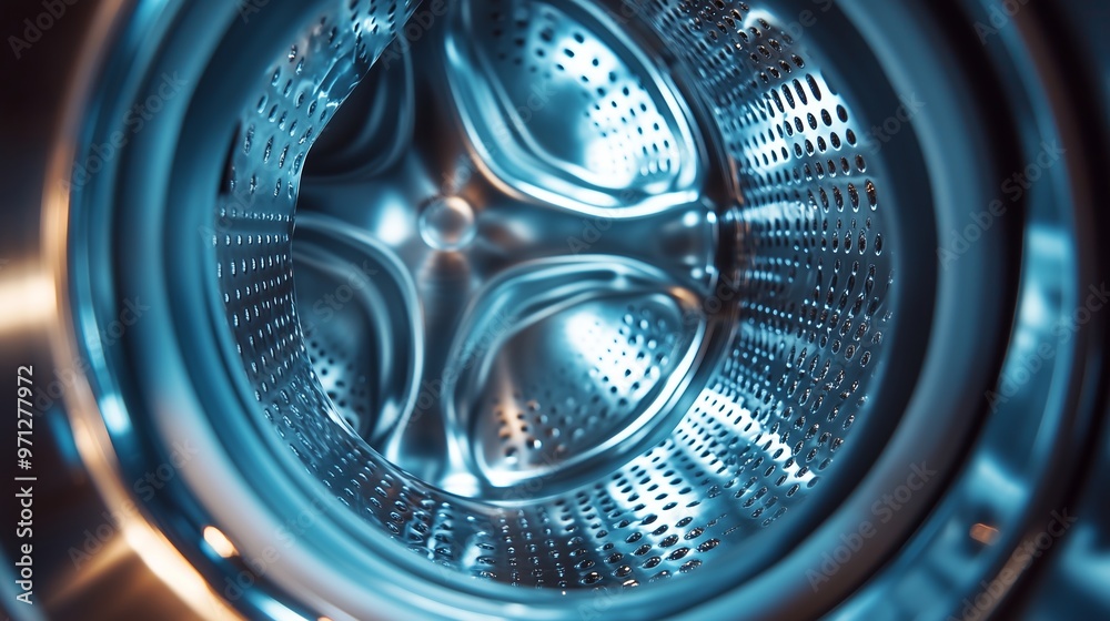 A close-up view of a washing machine drum highlighting its shiny interior and perforated design under bright lighting conditions
