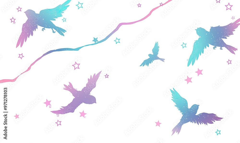 Fototapeta premium A whimsical design featuring birds in pastel colors and stars against a white background.