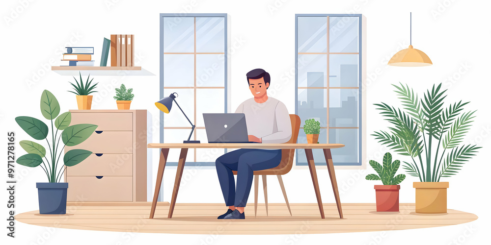 Fototapeta premium Flat Candid Home Office Work Concept: Freelancer Managing Finances on Laptop in Cozy, Natural Setting with Personal Touches and Warm Lighting