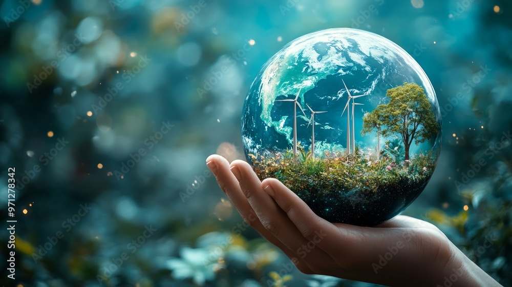 Hand holding a planet Earth with wind turbines and trees inside, against a blue background Hand holding a planet Earth with wind turbines and trees inside, against a blue background