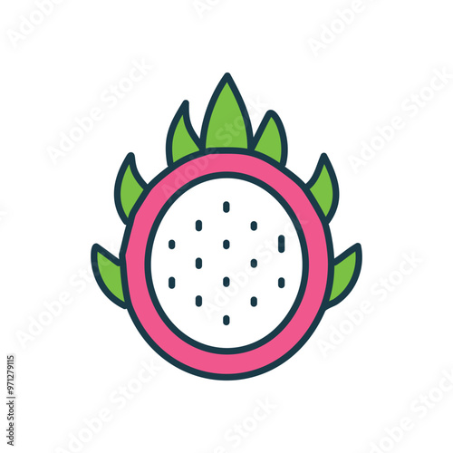 Dragon fruit icon. A simple illustration of a dragon fruit with pink skin and green leaves, representing exotic tropical fruits and healthy eating.