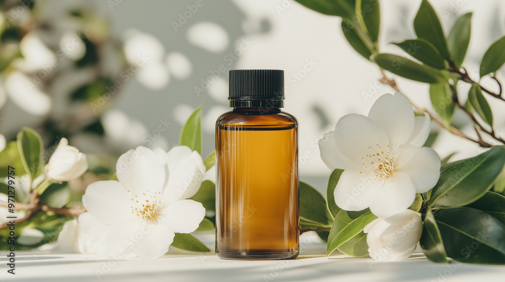 In a serene camellia forest, white camellias create a minimalist backdrop. A 30ml brown glass bottle with a black cap, containing milky essence visible through the glass, lies on an old branch. Sunlig In a serene camellia forest, white camellias create a minimalist backdrop. A 30ml brown glass bottle with a black cap, containing milky essence visible through the glass, lies on an old branch. Sunlig