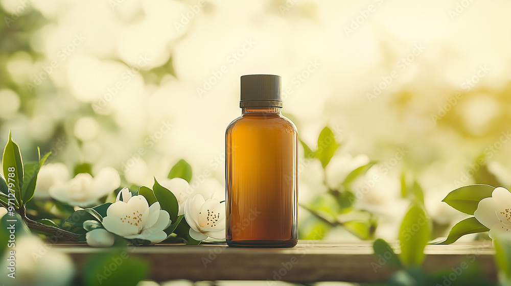 In a serene camellia forest, white camellias create a minimalist backdrop. A 30ml brown glass bottle with a black cap, containing milky essence visible through the glass, lies on an old branch. Sunlig In a serene camellia forest, white camellias create a minimalist backdrop. A 30ml brown glass bottle with a black cap, containing milky essence visible through the glass, lies on an old branch. Sunlig