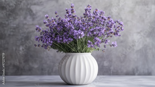 Lavender flowers arranged in a white vase on a grey background table. Generative Ai photo