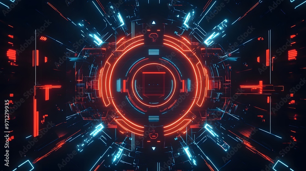 Minimal tech symbols in a symmetrical pattern on a futuristic background Minimal tech symbols in a symmetrical pattern on a futuristic background