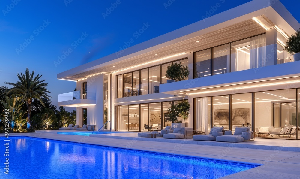 3D rendering of a modern, cozy house with swimming pool, parking and beautiful landscaping on the background. A clear summer night with a multitude of stars in the sky. 3D rendering of a modern, cozy house with swimming pool, parking and beautiful landscaping on the background. A clear summer night with a multitude of stars in the sky.