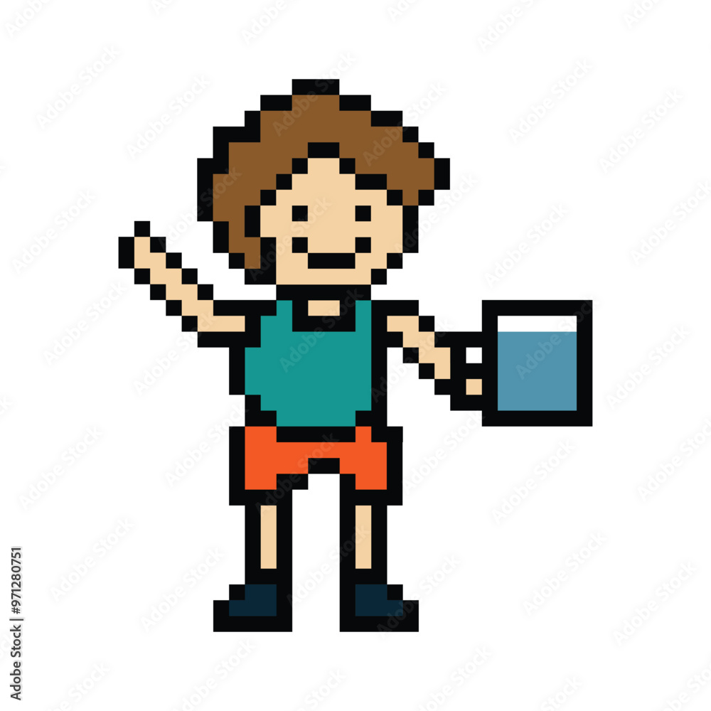 Obraz premium Cute pixel cartoon 8bit character man drink water healthy lifestyle decoration life style 8 bit male boy drinking health water glass isolated PNG vector.