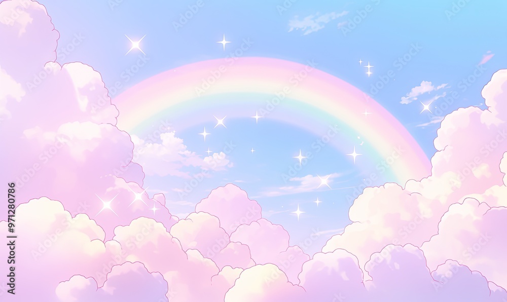 A pastel rainbow arches over fluffy clouds with sparkling stars in a blue sky. A pastel rainbow arches over fluffy clouds with sparkling stars in a blue sky.