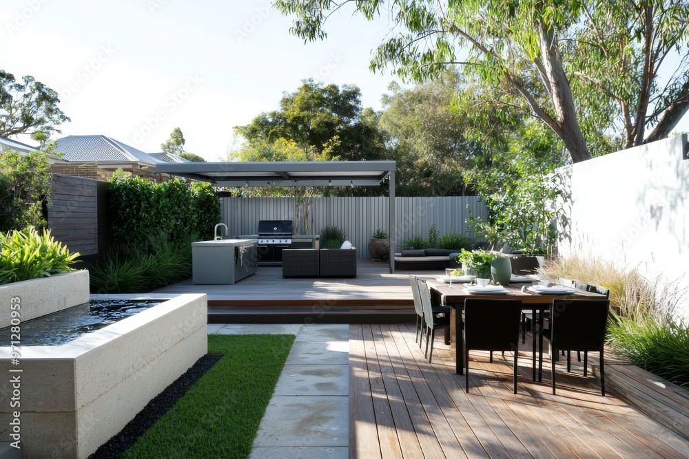 Relaxing area that has a wooded background outside a modern house or hotel Relaxing area that has a wooded background outside a modern house or hotel