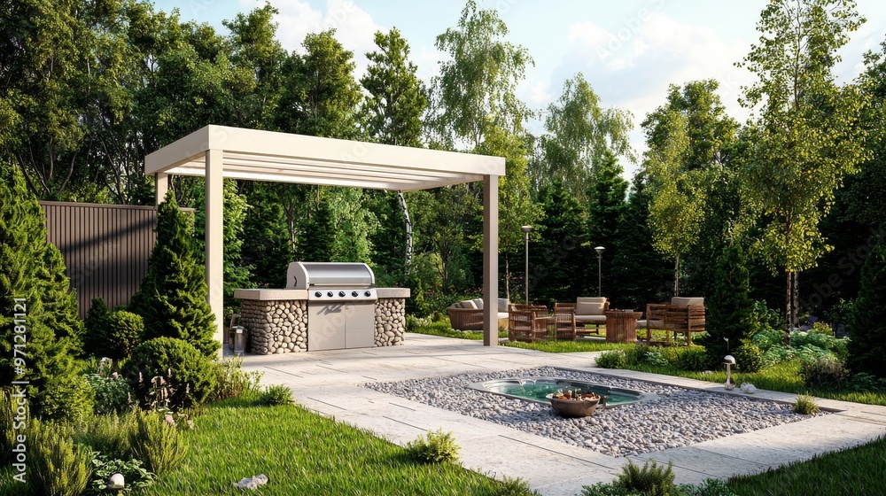 This 3D rendering shows a white pergola and a jacuzzi on a modern urban patio. This 3D rendering shows a white pergola and a jacuzzi on a modern urban patio.