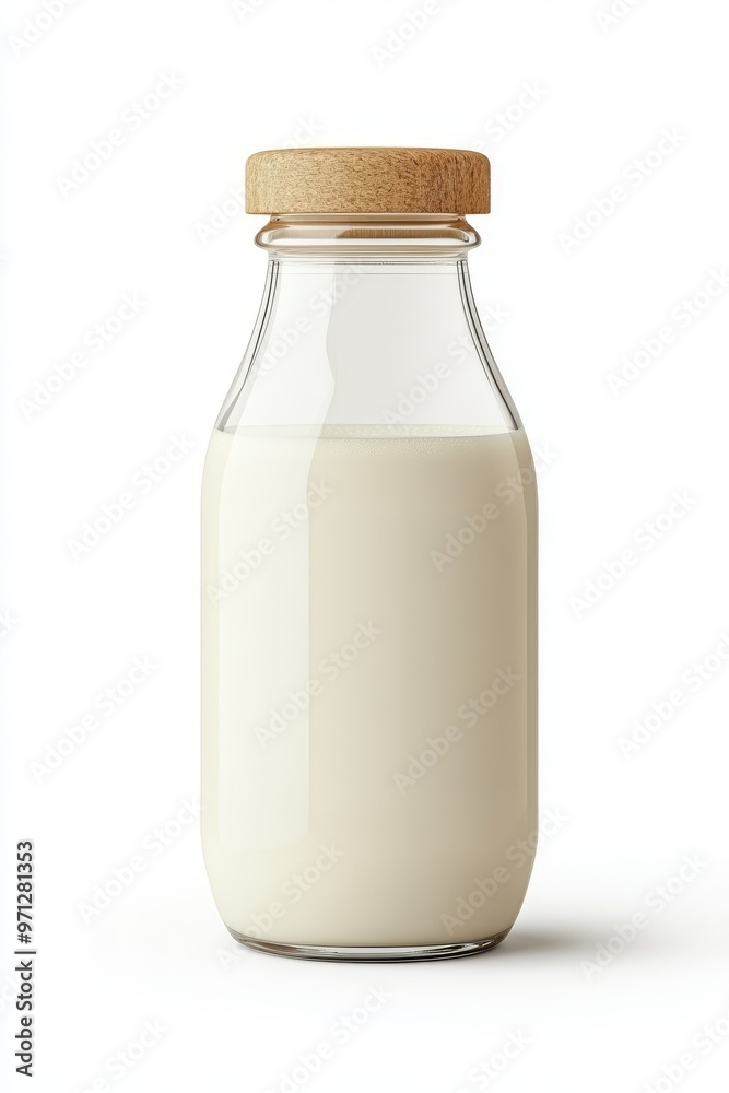 Simple Glass Bottle of Milk With a Wooden Cap Against a Plain Background Showcasing Freshness