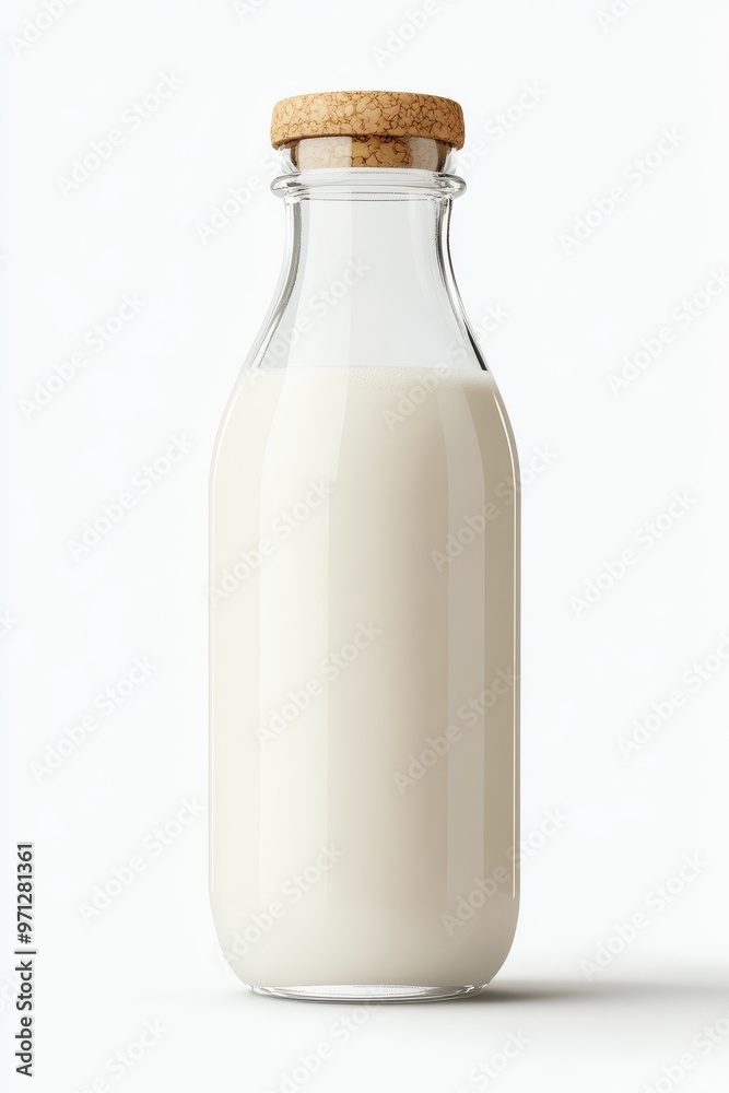 Simple Glass Bottle of Milk With a Wooden Cap Against a Plain Background Showcasing Freshness Simple Glass Bottle of Milk With a Wooden Cap Against a Plain Background Showcasing Freshness