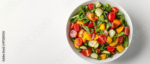 Bowl with delicious vegetable salad on white background, top view, copy space for text