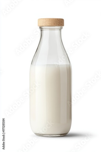 Simple Glass Bottle of Milk With a Wooden Cap Against a Plain Background Showcasing Freshness