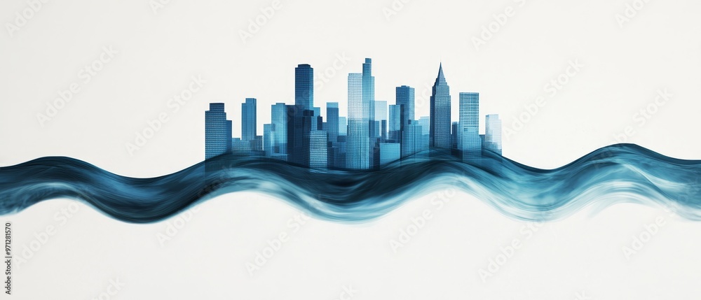 Double exposure An urban skyline combined with flowing water, depicting buildings with integrated water conservation systems, emphasizing sustainability, ethereal blending Double exposure An urban skyline combined with flowing water, depicting buildings with integrated water conservation systems, emphasizing sustainability, ethereal blending