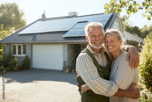 Cheerful senior couple hugging in front of house with solar panels. Photovoltaic panels on house roof. Alternative electricity source, green energy for home. Concept of sustainable resources