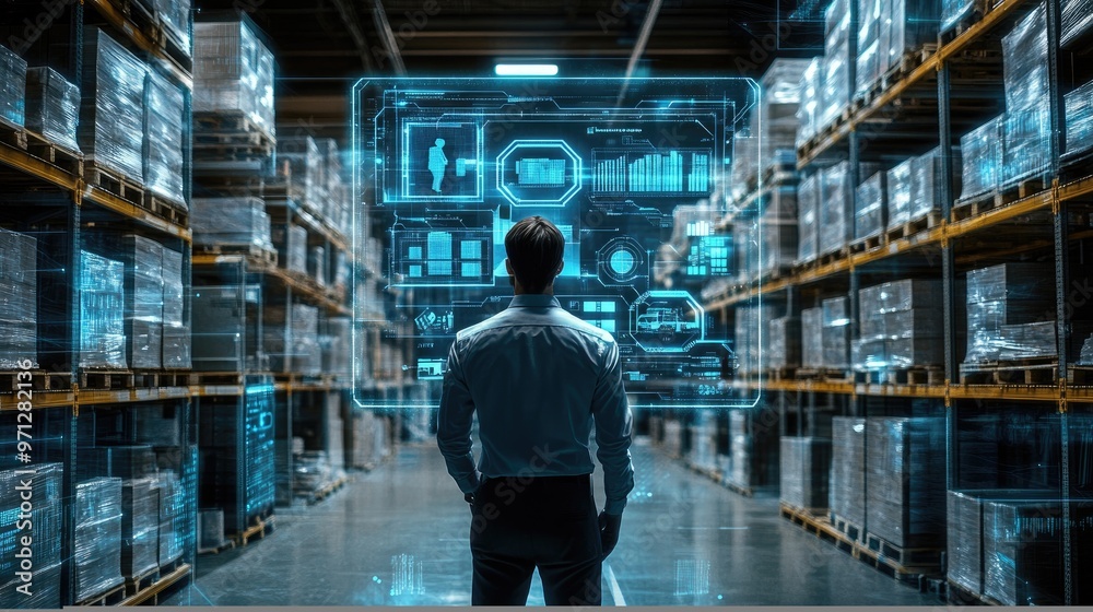 A businessman stands in a warehouse, looking at a holographic screen displaying data and information. A businessman stands in a warehouse, looking at a holographic screen displaying data and information.