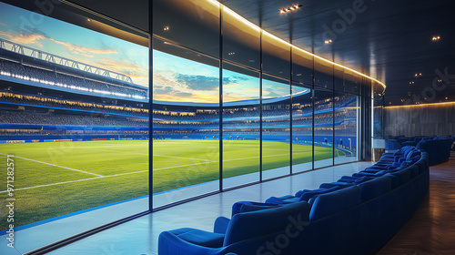 Blue seats in a vip area of a sports stadium
 photo