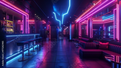 A dark interior space with bold neon lighting, creating a futuristic and immersive ambiance in a 3D rendering.