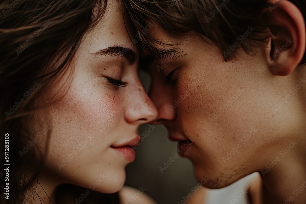Tender moment of a couple resting their foreheads together Tender moment of a couple resting their foreheads together