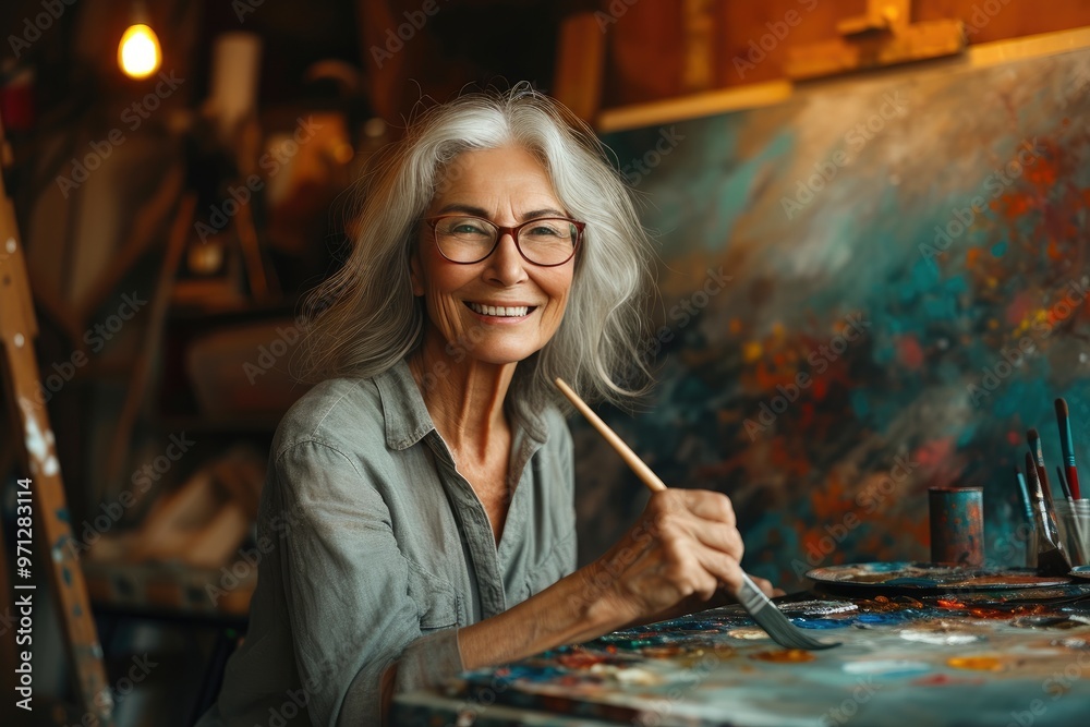Warmly Lit Studio with Senior Artist Crafting a Masterpiece