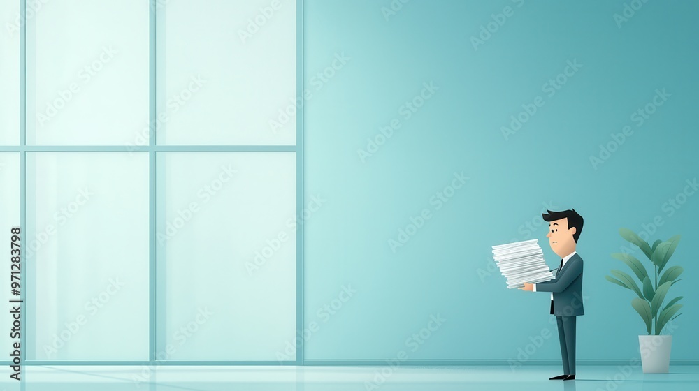 Minimalist flat design businessman holding large stack of paperwork in modern office with blue background Minimalist flat design businessman holding large stack of paperwork in modern office with blue background