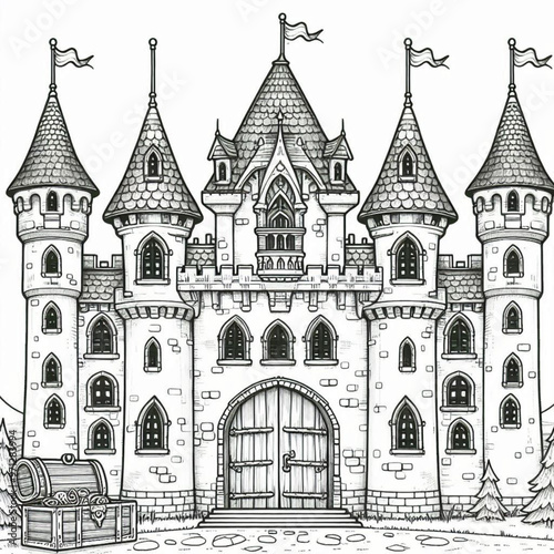 Intricate Fairytale Castle Illustration Perfect for Coloring Book Pages Design