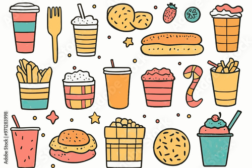 Set of cute fast food doodles, vector illustration, flat design style, simple line art-gigapixel-art-scale-4_00x