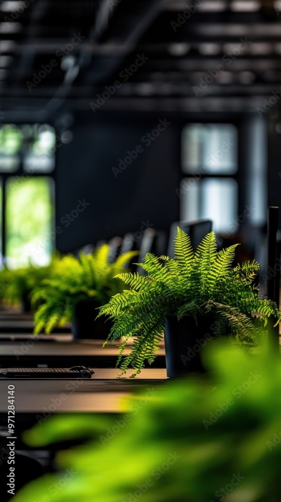 Dark grey desktops with large lighting fixtures create a bokeh effect in the foreground, modern workspace with a stylish ambiance, hybrid work setup
