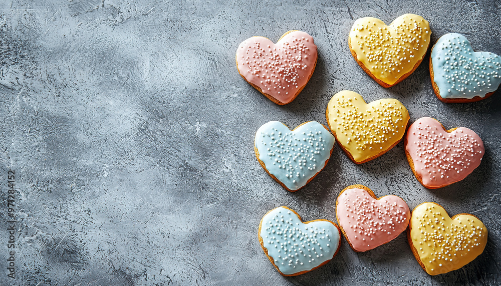 Obraz premium Tasty colourful heart shaped cookies on grey background, copy space for text 