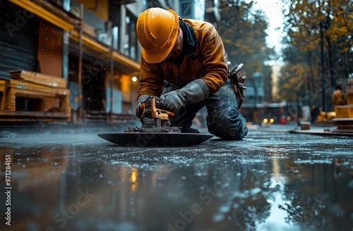 A worker using a trowel machine on a concrete floor, in an industrial setting. Generative AI