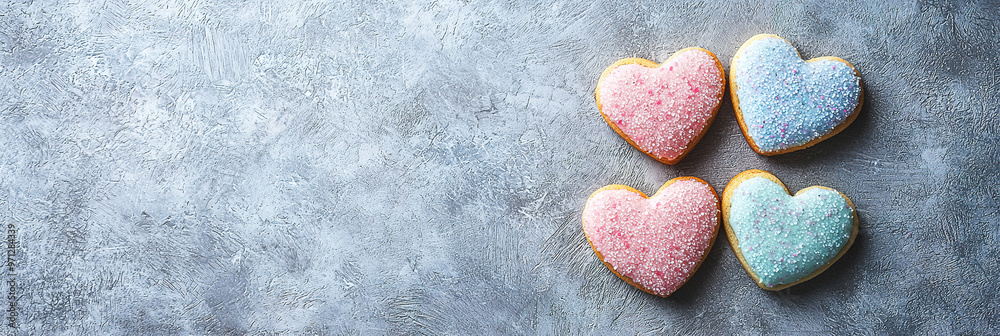 Obraz premium Tasty colourful heart shaped cookies on grey background, copy space for text 