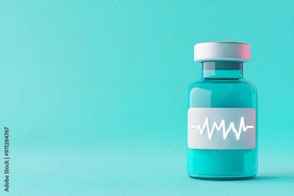 Vaccination and prevention of dangerous diseases. Using modern technology and AI in conjunction with medicine. 3D illustration of a vaccine bottle with white vital signs. Vaccination and prevention of dangerous diseases. Using modern technology and AI in conjunction with medicine. 3D illustration of a vaccine bottle with white vital signs.
