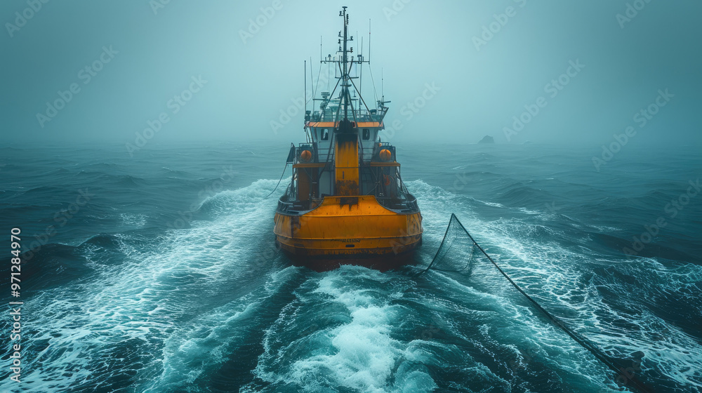 Quiet Ocean Scene: Fisherman and Boat in Harmony Quiet Ocean Scene: Fisherman and Boat in Harmony